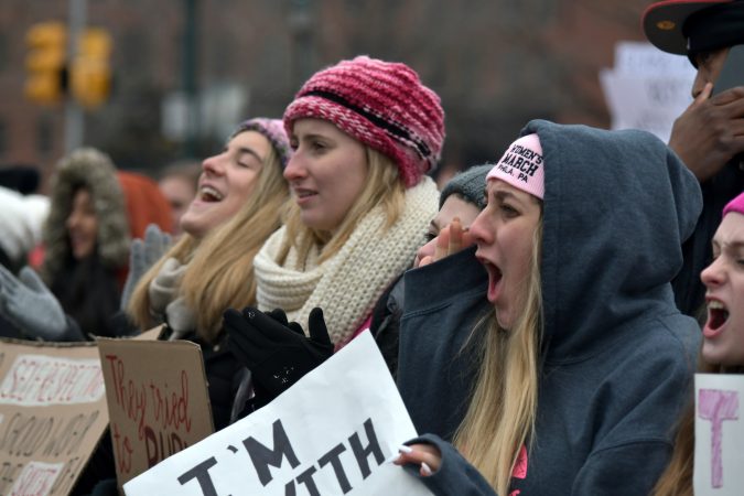 With a lower turnout than previous years, supporters participate in the 2019 Women's March on the Benjamin Franklin Parkway, in Philadelphia, Pa. (Bastiaan Slabbers for WHYY)