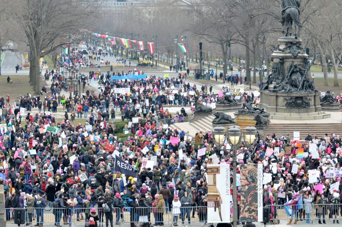 With a lower turnout than previous years, supporters participate in the 2019 Women's March on the Benjamin Franklin Parkway, in Philadelphia, Pa. (Bastiaan Slabbers for WHYY)