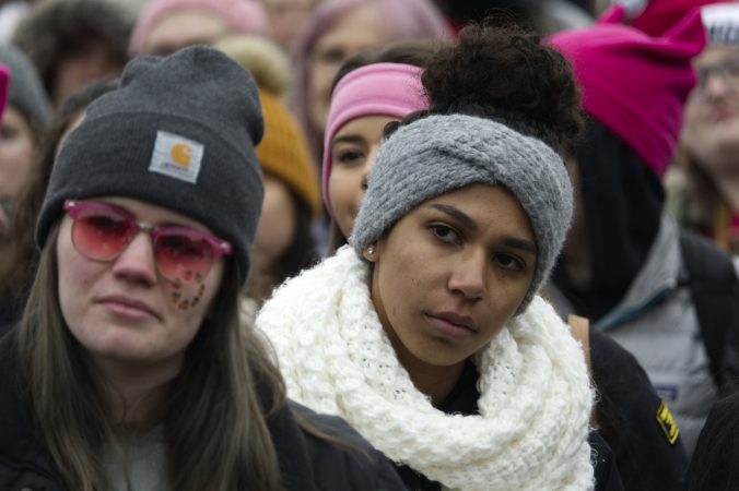 The audience listens to speakers on stage during the 2019 Women's March on the Benjamin Franklin Parkway, in Philadelphia, Pa. (Bastiaan Slabbers for WHYY)