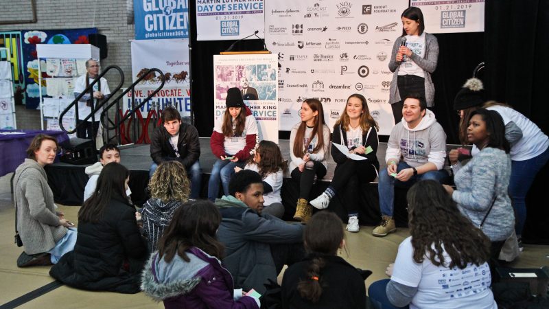 Volunteers from March for Our Lives hold a discussion on violence at the MLK Day of Service at Girard College. (Kimberly Paynter/WHYY)