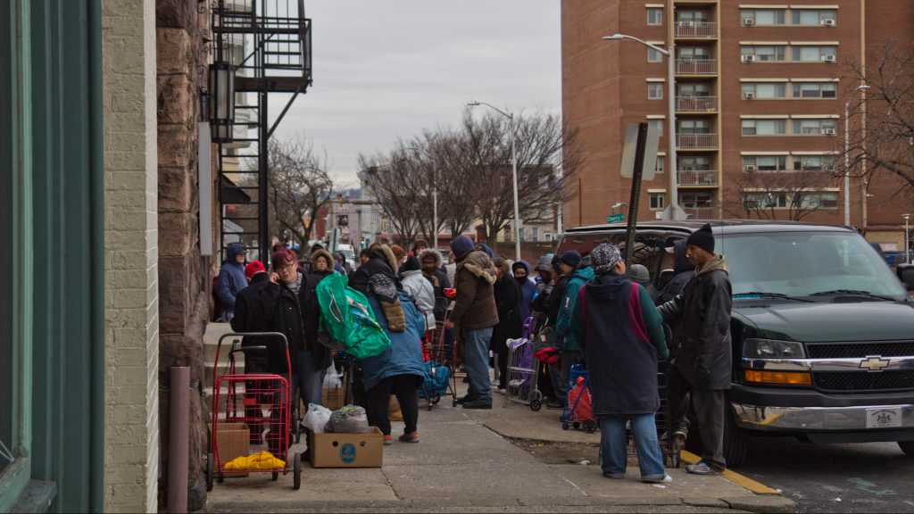 2019 01 23 kpaynter SNAP in reading pa-6 Residents of Reading, Pennsylvania wait in line at the St. James Chapel Church food bank. Four in ten households in Reading receive SNAP benefits. (Kimberly Paynter/WHYY)