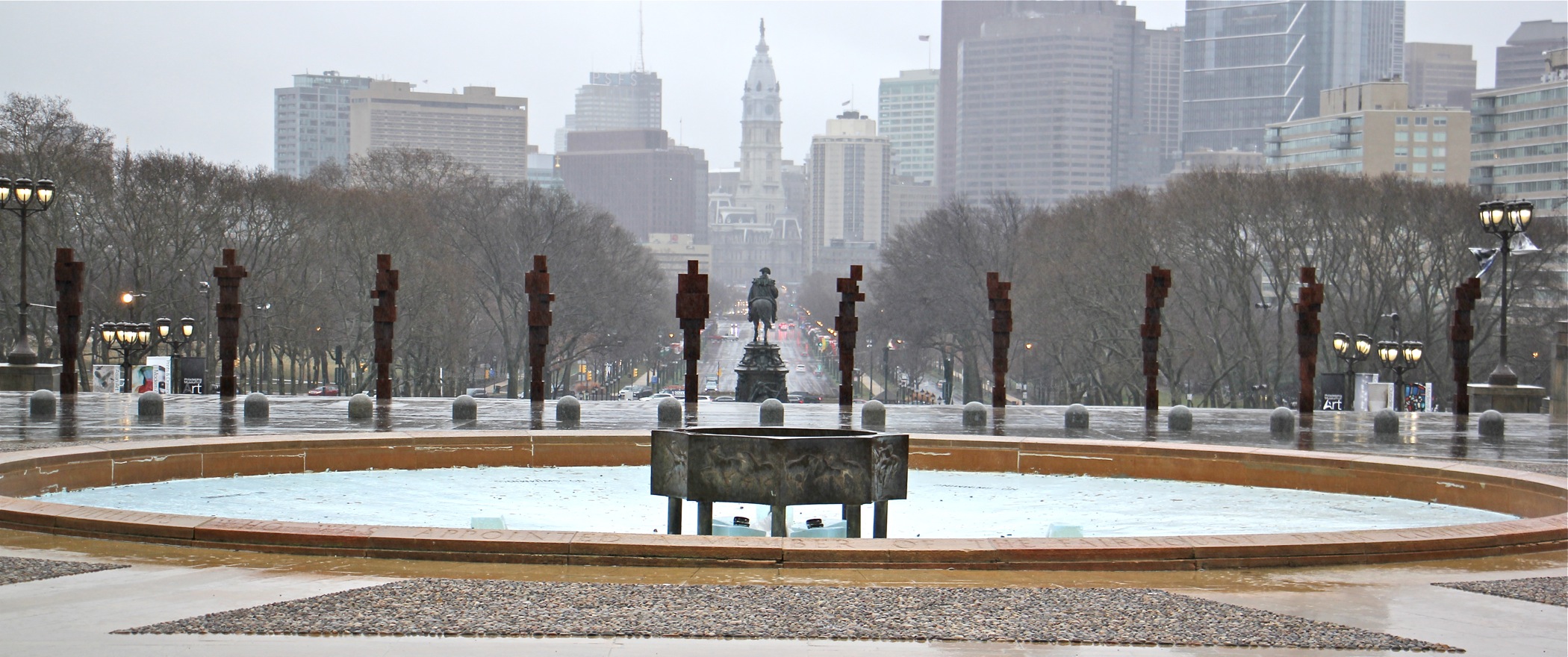 Ten "Blockworks" sculptures by British artist Anthony Gormley are installed on the upper terrace at the Philadelphia Museum of Art.