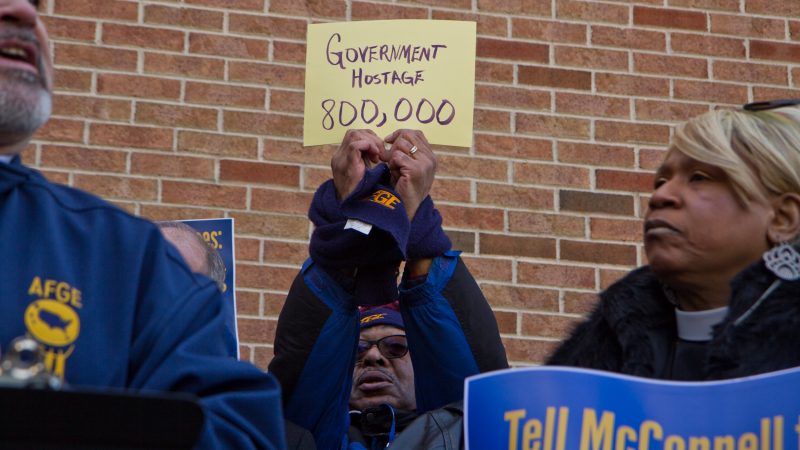 Unions and supporters join the AFGE TSA at Philadelphia International airport to call for an end to the government shutdown. (Kimberly Paynter/WHYY)