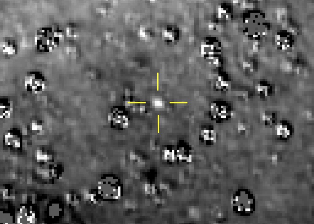 Beyond Pluto This composite image made available by NASA shows the Kuiper Belt object nicknamed Ultima Thule indicated by the crosshairs at center, with stars surrounding it on Aug. 16, 2018, made by the New Horizons spacecraft. The brightness of the stars was subtracted from the final image using a separate photo from September 2017, before the object itself could be detected. (NASA/Johns Hopkins University Applied Physics Laboratory/Southwest Research Institute via AP)