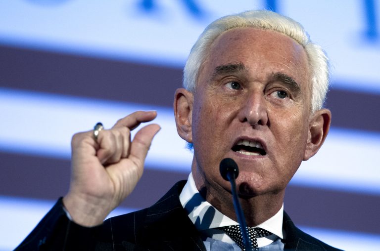 FILE - In this Dec. 6, 2018, file photo, Roger Stone speaks at the American Priority Conference in Washington Thursday, Dec. 6, 2018.  (AP Photo/Jose Luis Magana, File)