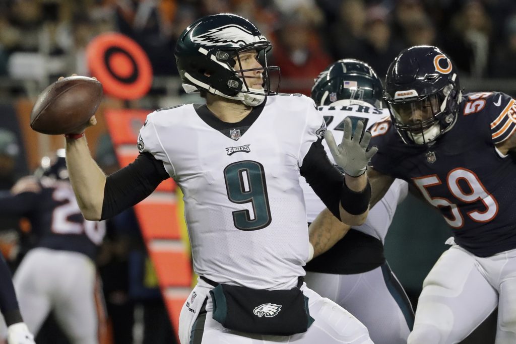 Nick Foles Philadelphia Eagles quarterback Nick Foles (9) passes during the first half of an NFL wild-card playoff football game against the Chicago Bears Sunday, Jan. 6, 2019, in Chicago. (AP Photo/Nam Y. Huh)