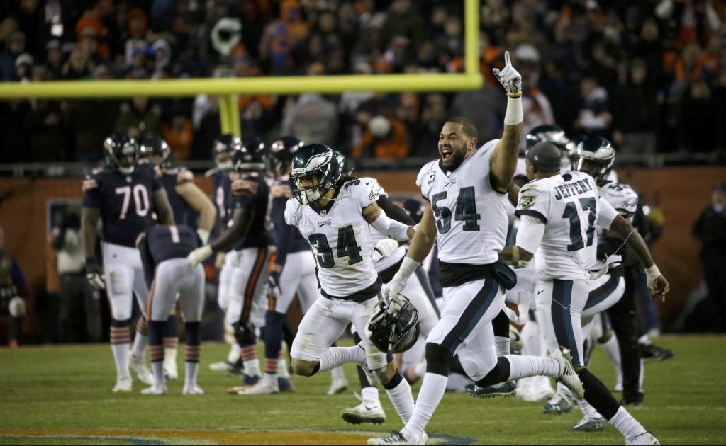 APTOPIX Eagles Bears Football Philadelphia Eagles players celebrate after Chicago Bears kicker Cody Parkey misses a field goal in the final minute during the second half of an NFL wild-card playoff football game Sunday, Jan. 6, 2019, in Chicago. The Eagles won 16-15. (AP Photo/David Banks)