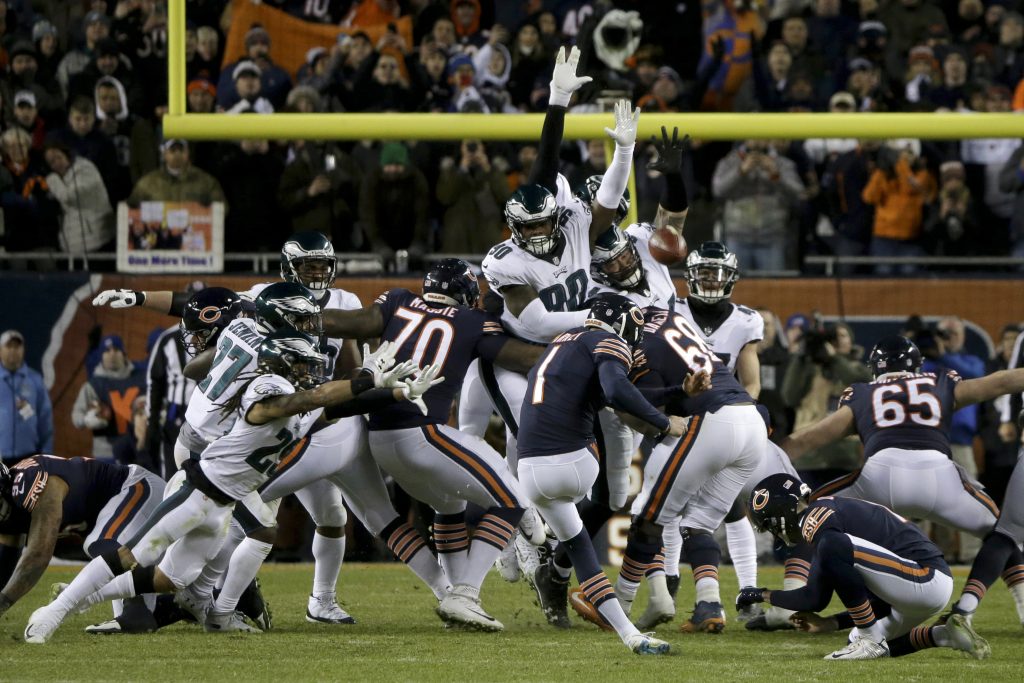 Eagles Bears Football Chicago Bears kicker Cody Parkey (1) kicks and misses a field goal during the second half of an NFL wild-card playoff football game against the Philadelphia Eagles Sunday, Jan. 6, 2019, in Chicago. The Eagles won 16-15.