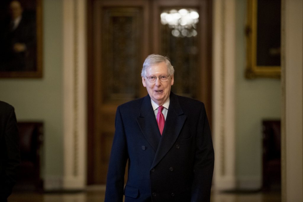 Mitch McConnell In this Jan. 3, 2019, photo, Senate Majority Leader Mitch McConnell of Ky. arrives on Capitol Hill in Washington, as the 116th Congress begins. Senate Republicans’ first bill of the new Congress aims to insert the legislative branch into President Donald Trump’s Middle East policy — but also tries to drive a wedge between centrist and liberal Democrats over attitudes toward Israel. (Andrew Harnik/AP Photo)