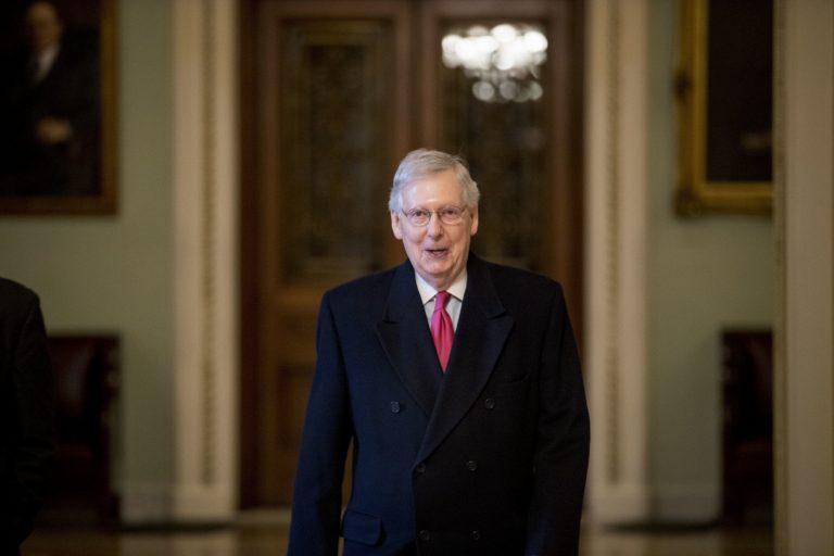 In this Jan. 3, 2019, photo, Senate Majority Leader Mitch McConnell of Ky. arrives on Capitol Hill in Washington, as the 116th Congress begins. Senate Republicans’ first bill of the new Congress aims to insert the legislative branch into President Donald Trump’s Middle East policy — but also tries to drive a wedge between centrist and liberal Democrats over attitudes toward Israel. (Andrew Harnik/AP Photo)