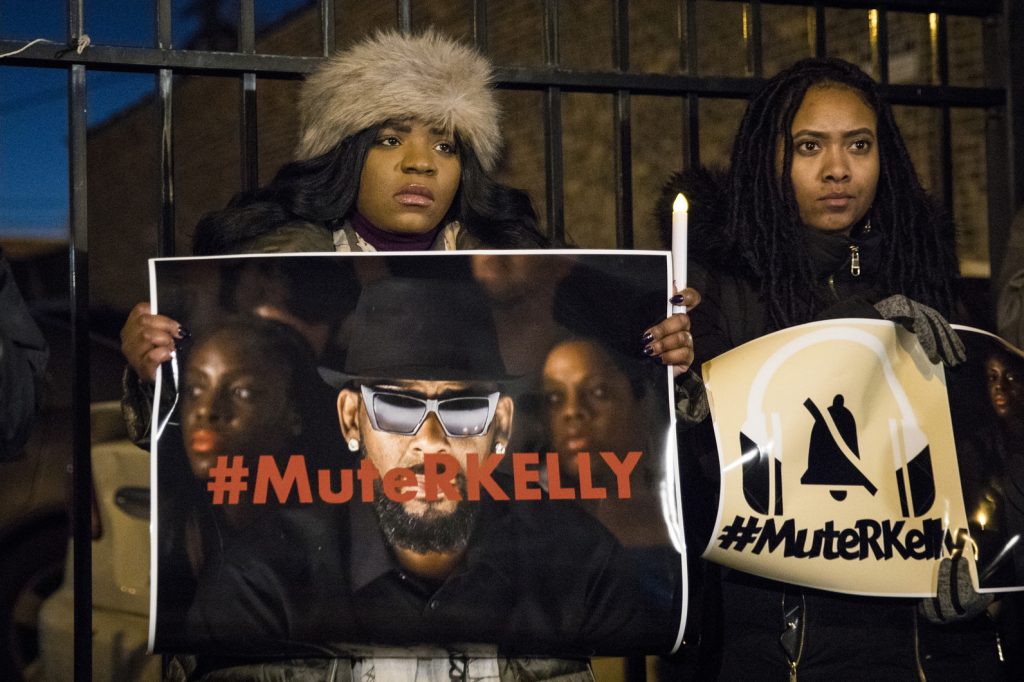 R Kelly Documentary #MuteRKelly supporters protest outside R. Kelly's studio, Wednesday, Jan. 9, 2019 in Chicago. Lifetime's