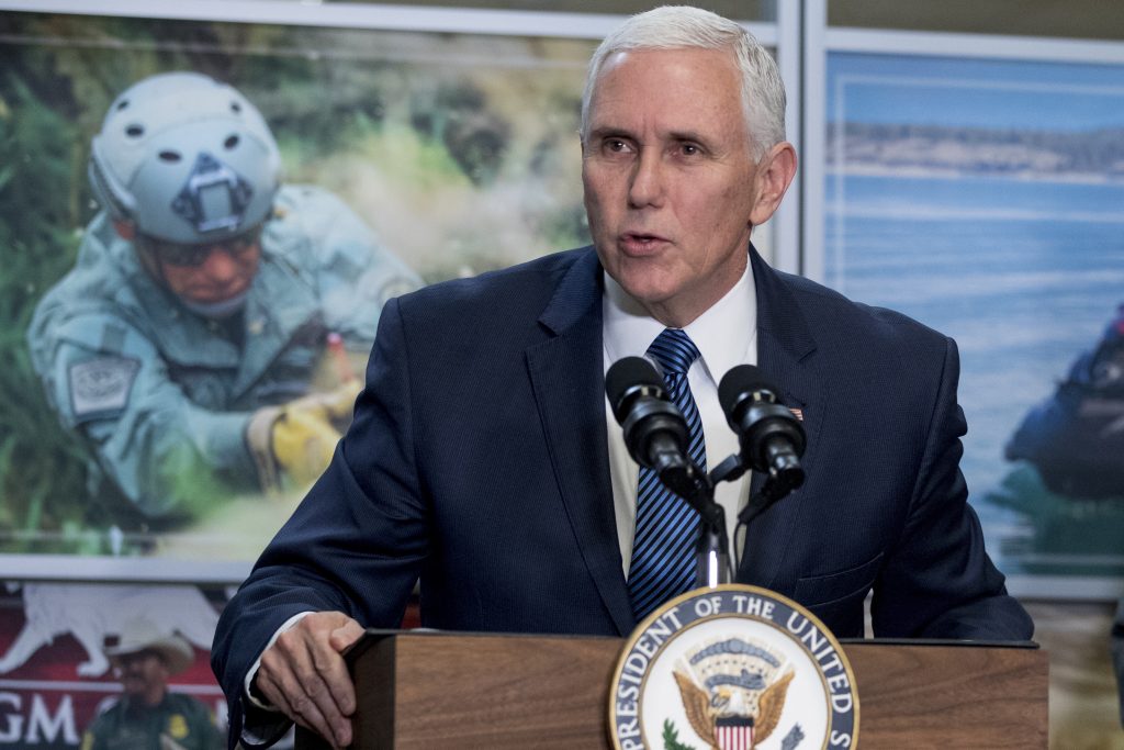 In this Jan. 11, 2019, photo, Vice President Mike Pence speaks to U.S. Customs and Border Protection employees at their headquarters in Washington. (Andrew Harnik/AP Photo)