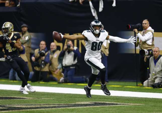 Philadelphia Eagles wide receiver Jordan Matthews (80) runs into the end zone for a touchdown against the New Orleans Saints in the first half of an NFL divisional playoff football game in New Orleans, Sunday, Jan. 13, 2019. (AP Photo/Butch Dill)