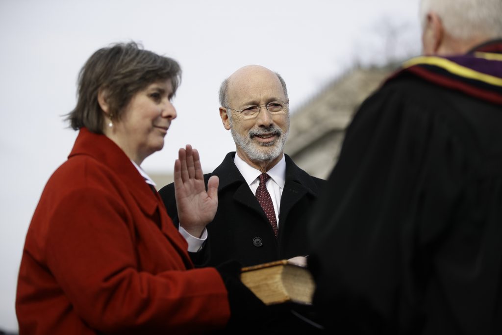 Tom Wolf Pennsylvania Gov. Tom Wolf, accompanied by his wife Frances, takes the Oath of Office as he is sworn in for his second term, Tuesday, Jan. 15, 2019, at the state Capitol in Harrisburg, Pa. (Matt Rourke/AP)