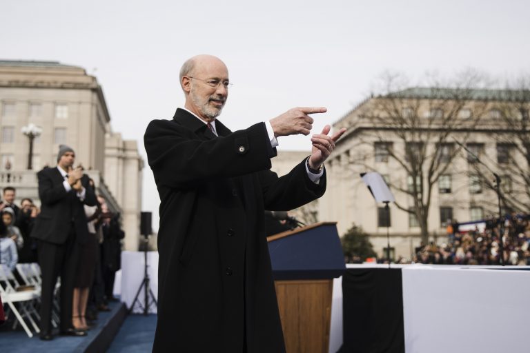 Pennsylvania Gov. Tom Wolf gestures after he was sworn in for his second term, Tuesday, Jan. 15, 2019, at the state Capitol in Harrisburg, Pa. (AP Photo/Matt Rourke)