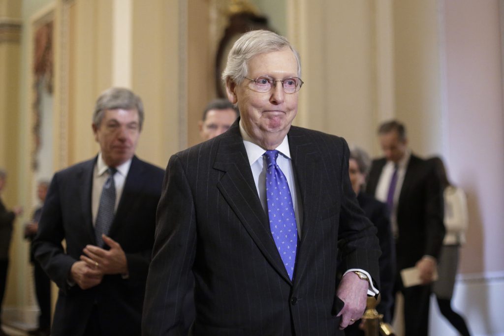 In this Jan. 15, 2019, photo, Senate Majority Leader Mitch McConnell, R-Ky., arrives to speak to reporters following a weekly policy meeting on Capitol Hill in Washington. (J. Scott Applewhite/AP Photo)