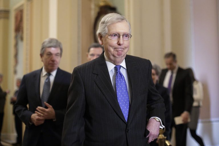 In this Jan. 15, 2019, photo, Senate Majority Leader Mitch McConnell, R-Ky., arrives to speak to reporters following a weekly policy meeting on Capitol Hill in Washington. (J. Scott Applewhite/AP Photo)