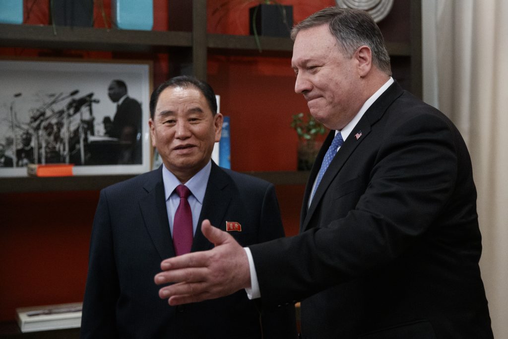 Secretary of State Mike Pompeo, right, and Kim Yong Chol, a North Korean senior ruling party official and former intelligence chief, walk from a photo opportunity at the The Dupont Circle Hotel in Washington, Friday, Jan. 18, 2019. (Carolyn Kaster/AP Photo)