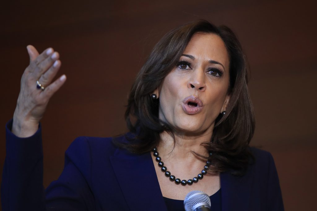 In this Jan. 21, 2019, photo, Sen. Kamala Harris, D-Calif., speaks to members of the media at her alma mater, Howard University in Washington. The 2020 presidential election already includes more than a half-dozen Democrats whose identities reflect the nation’s growing diversity, as well as embody the coalition that helped Barack Obama first seize the White House in 2008. (Manuel Balce Ceneta/AP Photo)