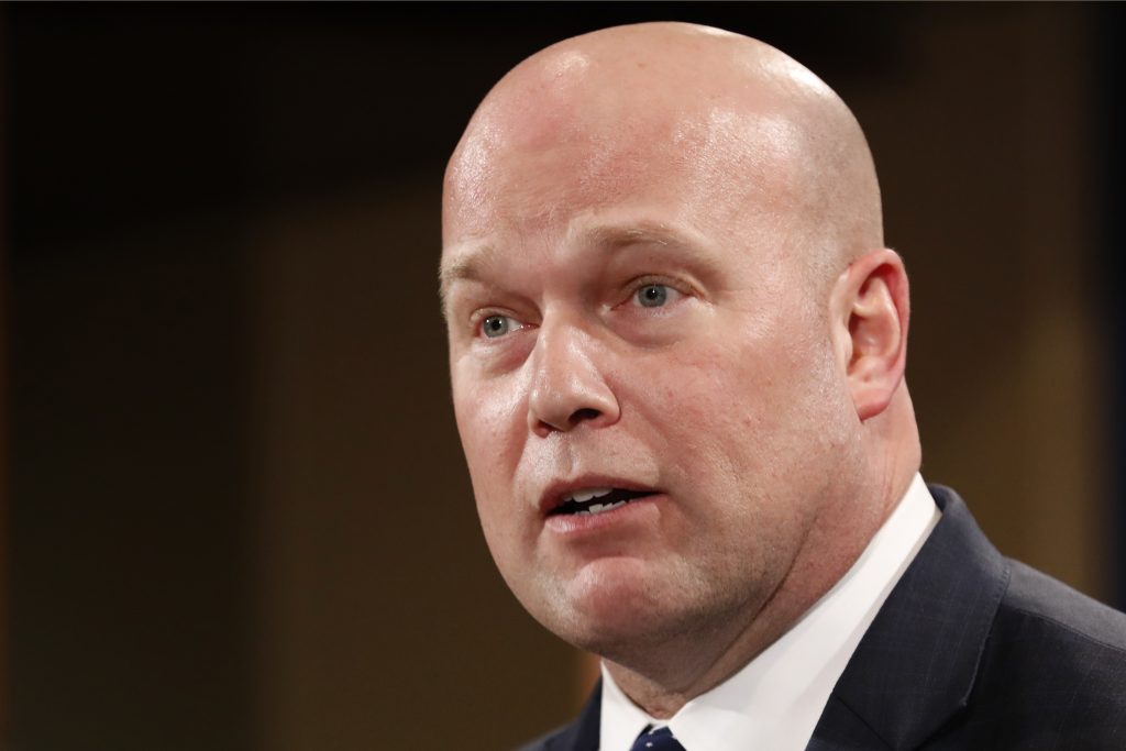 Acting Attorney General Matt Whitaker announces an indictment on violations including bank and wire fraud, Monday, Jan. 28, 2019, of Chines telecommunications companies including Huawei, at the Justice Department in Washington. (AP Photo/Jacquelyn Martin)