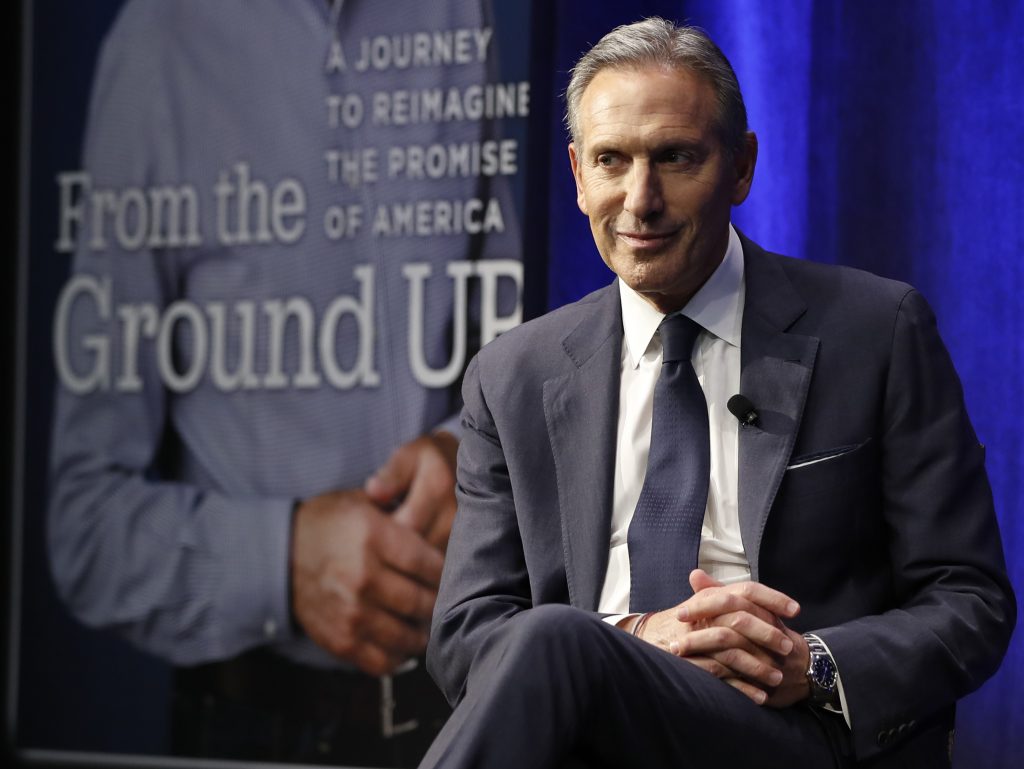 Howard Schultz Former Starbucks CEO and Chairman Howard Schultz looks out at the audience during a book promotion tour, Monday, Jan. 28, 2019, in New York. Democrats across the political spectrum lashed out at the billionaire businessman on Monday after he teased the prospect of an independent 2020 bid, a move Democrats fear would split their vote and all but ensure President Donald Trump's re-election. (Kathy Willens/AP Photo)