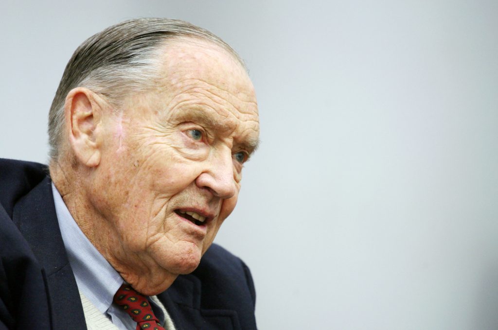 In this Tuesday, May 20, 2008, file photo, John Bogle, founder of The Vanguard Group, talks during an interview with The Associated Press in New York. Bogle has died at 89. (AP Photo/Mark Lennihan, File)