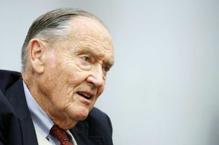 In this Tuesday, May 20, 2008, file photo, John Bogle, founder of The Vanguard Group, talks during an interview with The Associated Press in New York. Bogle has died at 89. (AP Photo/Mark Lennihan, File)