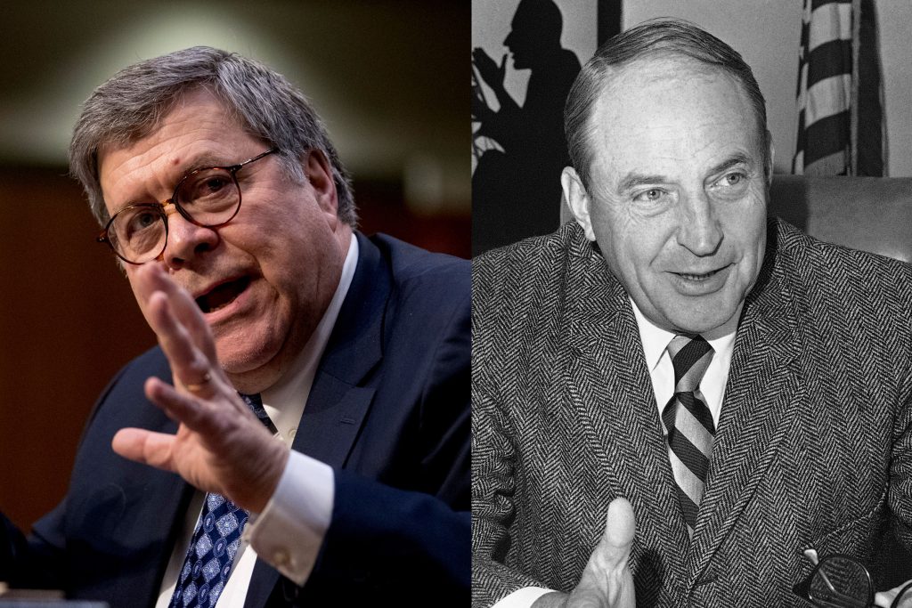 APbarrSaxbex1200 Attorney General nominee William Barr (left) testifies during a Senate Judiciary Committee hearing on Capitol Hill in Washington, Tuesday, Jan. 15, 2019. In this Sept. 2, 1970 file photo, Sen. William B. Saxbe, R-Ohio, serving his first term in the Congress, poses at Capitol Hill. (Andrew Harnik/AP Photo and AP Photo, file)