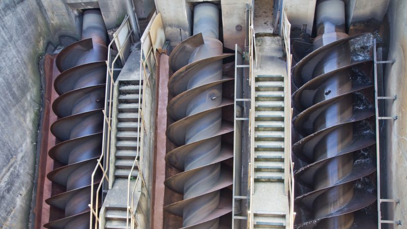 Raw sewage is pumped up into the Philadelphia Water Department’s southwest treatment plant using an Archimedes screw. These screws were installed after the passage of the Clean Water Act to bring sewage up to the plant; prior to that, the sewage was pumped up from a 1920s-era pumping station. This plant can treat between 500 million and 1 billion gallons of waste each day. (Kimberly Paynter/WHYY)