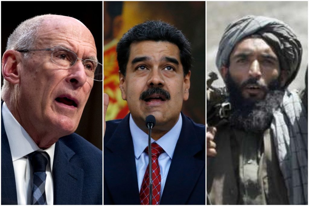 FP 0131 Left to right: Dan Coates (AP Photo/Jose Luis Magana), Nicolas Maduro (AP Photo/Ariana Cubillos), Taliban fighter (AP Photos/Allauddin Khan, File)
