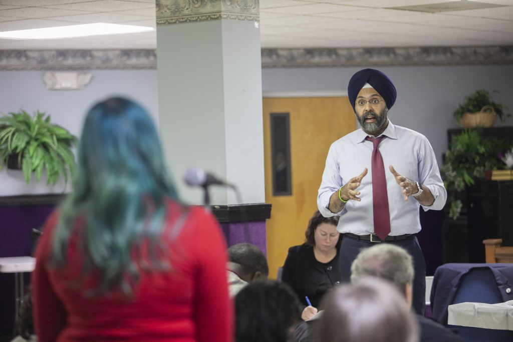 Attorney General Gurbir Grewal host community meeting in Bridgeon, NJ New Jersey Attorney General Gurbir Grewal responds to an audience member during a community listening session on police use of force in Bridgeton, N.J., Jan. 23, 2019. (Miguel Martinez for WHYY)