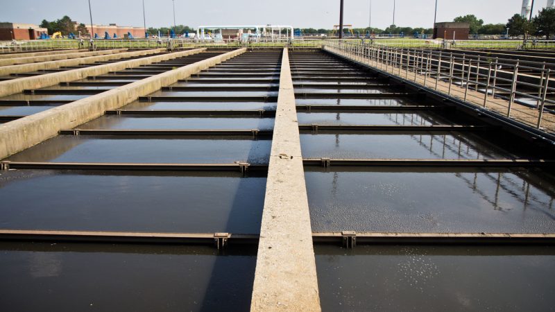 This treatment plant bars along the top and bottom called “flights” help separate the scum and sludge from the liquid, moving in opposite directions. The flights on top push the scum to the back of the tank while the flights on the bottom push the sludge into a pump at the front. The pump takes that sludge to digesters, which turn it into biogas and fertilizer. (Kimberly Paynter/WHYY)