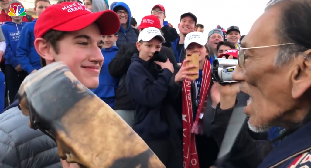 Screen Shot 2019-01-23 at 9.45.14 AM Students from a Kentucky Catholic High School appeared to harass and mock a Native American demonstrator during a rally in Washington D.C. (NBC10)