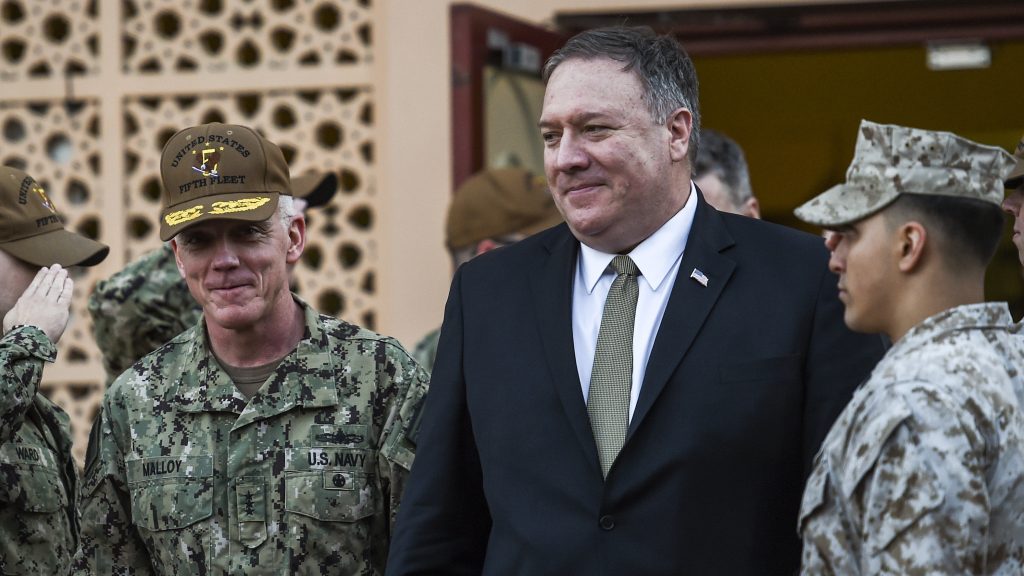 U.S. Secretary of State Mike Pompeo (center) visited Bahrain on Friday.
(Andrew Caballero-Reynolds/AP)