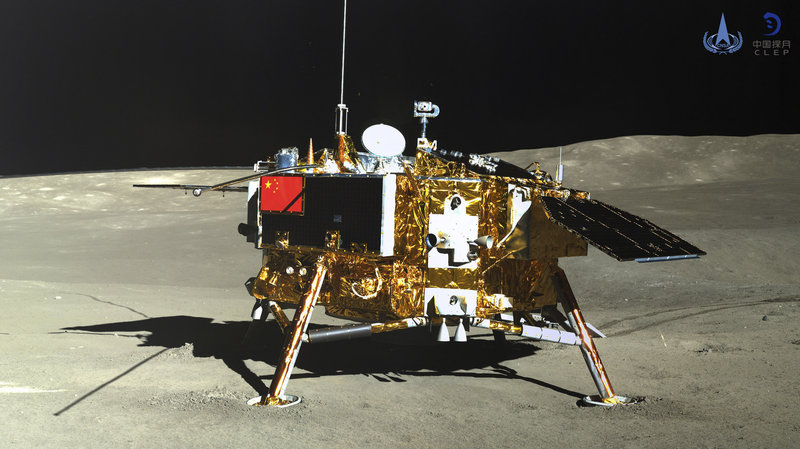 ap_19014392483889_wide-ef1553a4180cf18b94d4a2ef44ab3a8ea1f06b05-s800-c85 The lunar lander of the Chang'e-4 probe is seen on Jan. 11. The seeds that scientists hoped would thrive within a biodome aboard have all died. (AP via China National Space Administration via Xinhua News Agency)