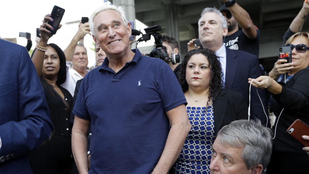 Roger Stone, a confidant of PresidentTrump, walks out of the federal courthouse following a hearing Friday in Fort Lauderdale, Fla. Stone’s next court date is in Washington. Roger Stone, a confidant of President Trump, walks out of the federal courthouse following a hearing Friday in Fort Lauderdale, Fla. Stone's next court date is in Washington. (Lynne Sladky/AP Photo)