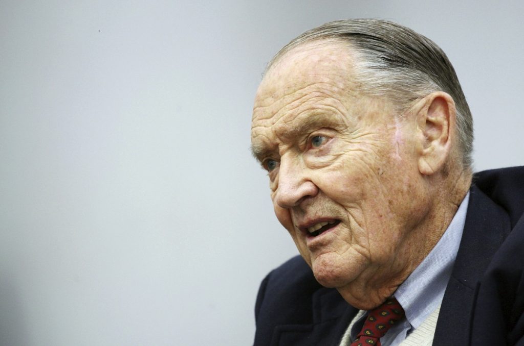 John Bogle FILE - In this Tuesday, May 20, 2008, file photo, John Bogle, founder of The Vanguard Group, talks during an interview with The Associated Press, in New York. Vanguard announced Wednesday, Jan. 16, 2019, that John C.