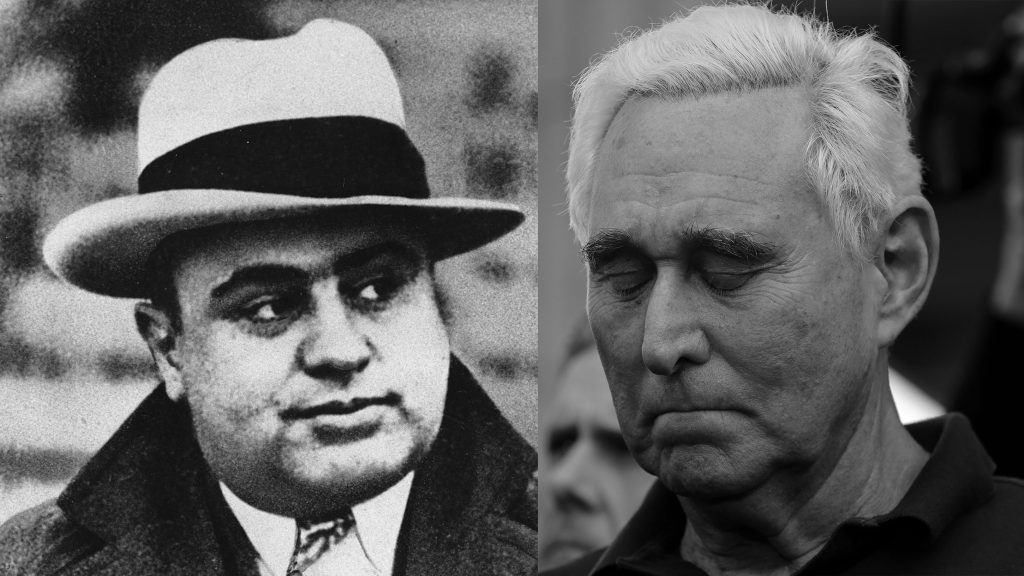 capone-stone Al Capone (left) is photographed at a football game in Chicago on Jan. 19, 1931. Roger Stone, a confidant of President Donald Trump, stands outside of the federal courthouse following a hearing, Friday, Jan. 25, 2019, in Fort Lauderdale, Fla. (AP Photo/Lynne Sladky)