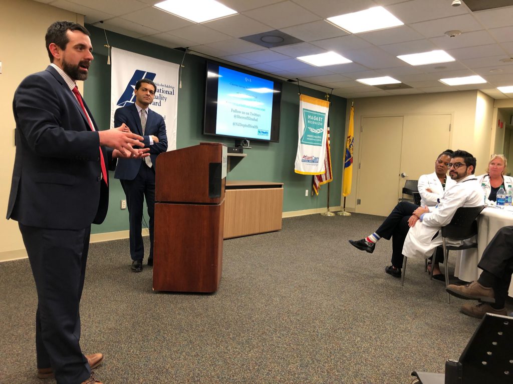 file-19 Assistant New Jersey Health Commissioner Jeff Brown and Commissioner Shereef Elnahal extol the benefits of medical marijuana at a gathering Wednesday in Atlantic City. (Joe Hernandez/WHYY)