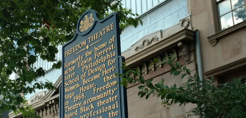 freedom-theater-sign-next-to-new-construction.0.1442.3006.1442.860.413.c Freedom Theater is located on North Broad Street. (Jake Blumgart/PlanPhilly)