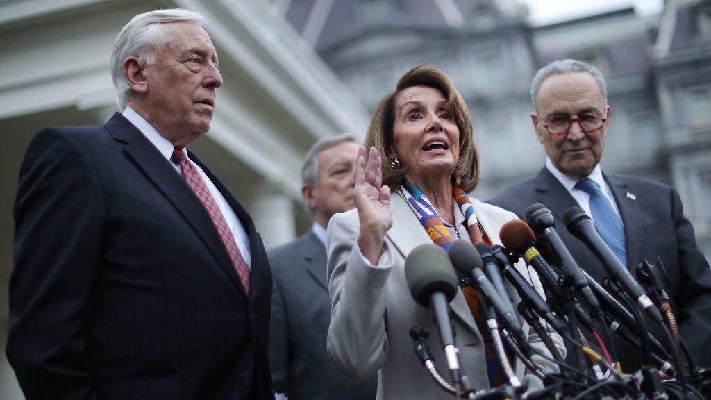 House Minority Whip Steny Hoyer (from left), Senate Minority Whip Richard Durbin, House Speaker-designate Nancy Pelosi and Senate Minority Leader Chuck Schumer talk to journalists following a meeting with President Trump at the White House on Wednesday. House Minority Whip Steny Hoyer (from left), Senate Minority Whip Richard Durbin, House Speaker-designate Nancy Pelosi and Senate Minority Leader Chuck Schumer talk to journalists following a meeting with President Trump at the White House on Wednesday.