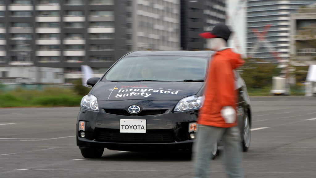 Toyota demonstrates its “pre-collision system,” which uses automatic steering in addition to automatic braking to prevent collisions, in Tokyo in 2013. Different manufacturers use different names for systems like this, which can be confusing, a AAA report found. Toyota demonstrates its