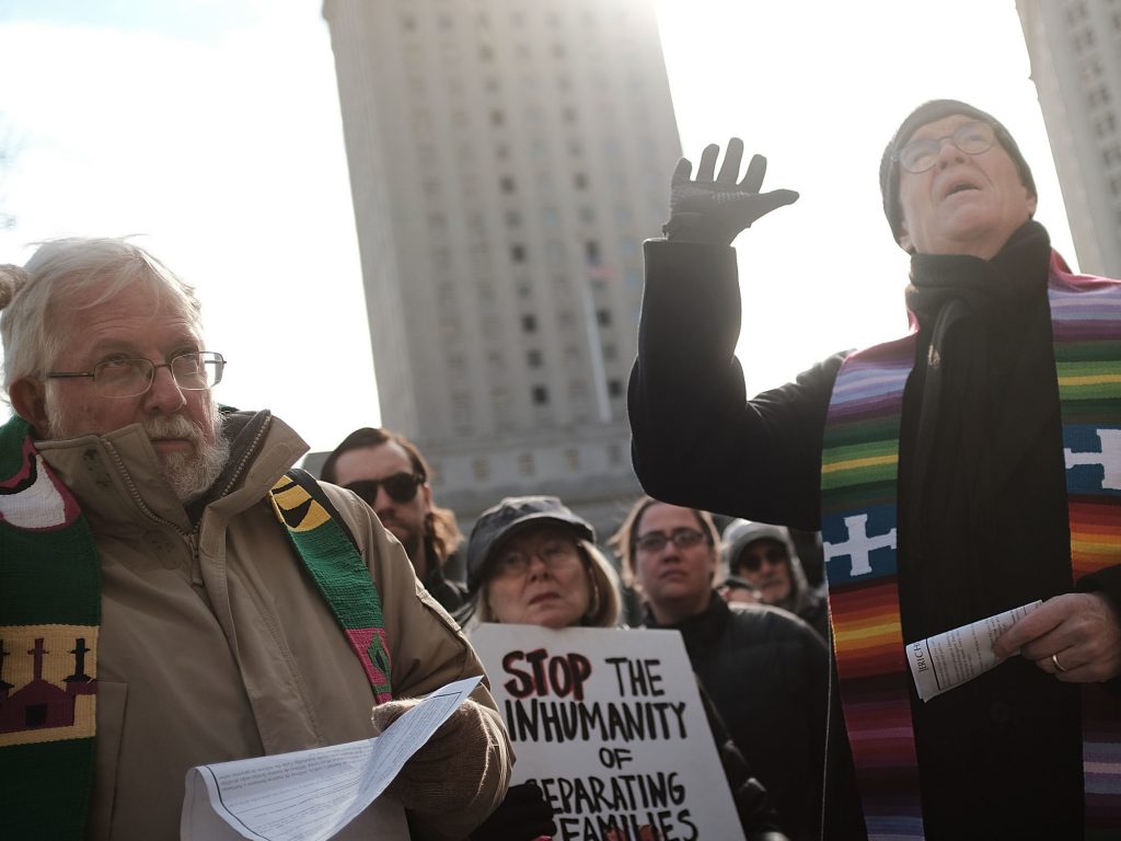 Dozens of clergy members, immigration activists and others participate in a protest against the imprisonment and potential deportation of an immigration activist. Religious liberals are becoming increasingly outspoken in their opposition to many Trump Administration policies. Dozens of clergy members, immigration activists and others participate in a protest against the imprisonment and potential deportation of an immigration activist. Religious liberals are becoming increasingly outspoken in their opposition to many Trump Administration policies.
