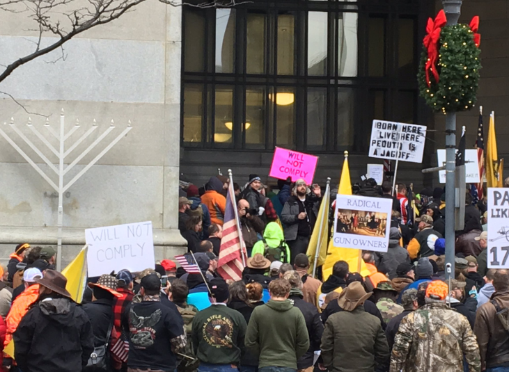 gun_rally_3 Demonstrators take part in a pro-gun rights rally outside of the City-County Building in downtown Pittsburgh. (Lucy Perkins/90.5 WESA)