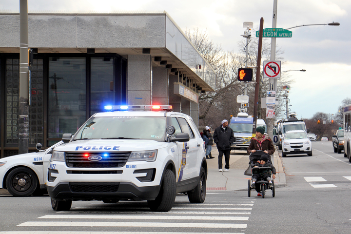 image_uploaded_from_ios_720 Police block traffic at Broad Street and Oregon Avenue during a manhunt for a man from Delaware. (Emma Lee/WHYY)