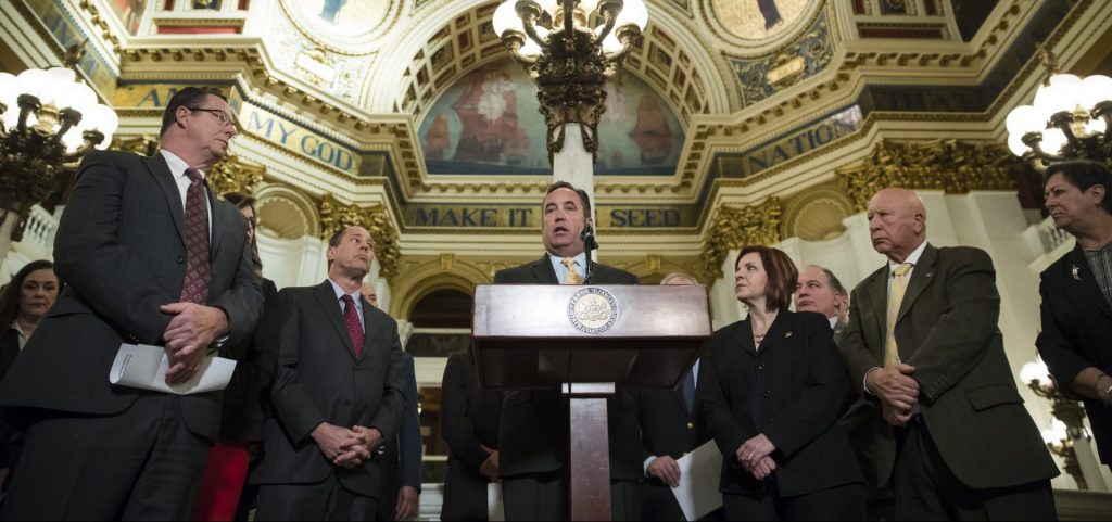 05repub-response-e1551267514616-1920×902 Senate Majority Leader Jake Corman, R-Centre, at the podium, speaks after Democratic Gov. Tom Wolf delivered his budget address for the 2019-20 fiscal year to a joint session of the Pennsylvania House and Senate in Harrisburg, Pa., Tuesday, Feb. 5, 2019. (Matt Rourke/AP Photo)
