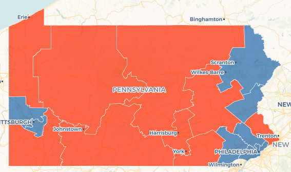 In this map showing the results of 2018 election, blue indicates congressional districts that went to Democrats and red shows districts that went to republicans. (Keystone Crossroads)