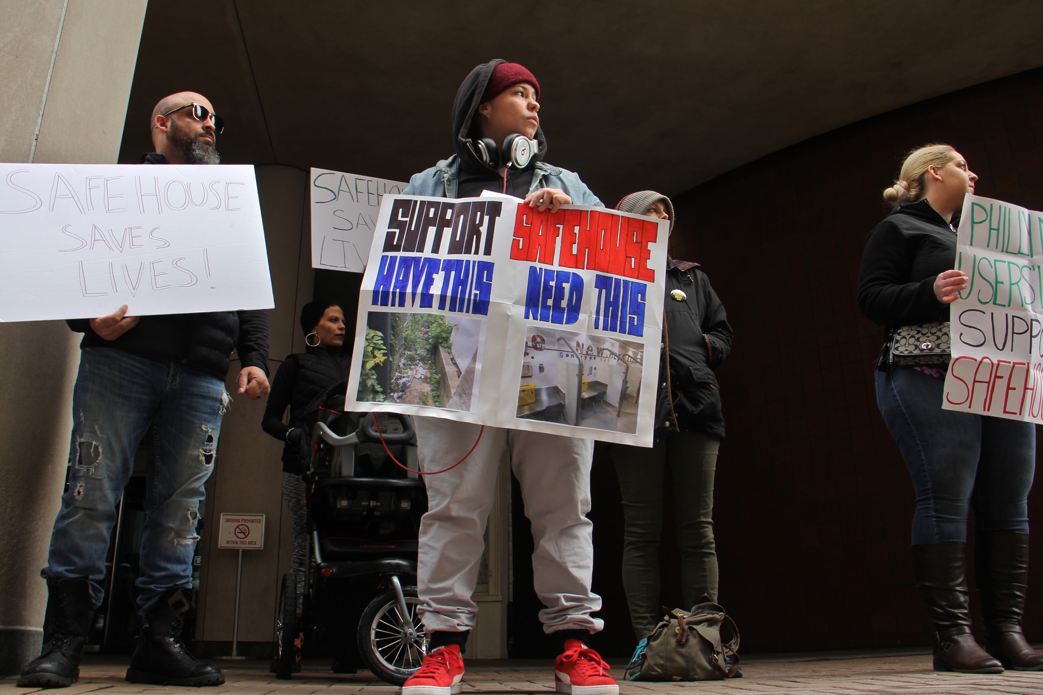 Protesters gather outside the U.S. Attorney's office on Chestnut Street in support of a safe injection site for Philadelphia.