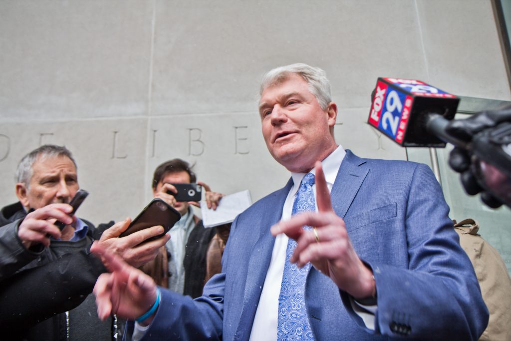 2019 02 1 kpaynter john dougherty-2 Union Leader John Dougherty exits federal court after he pled not guilty at his arraignment Friday afternoon. (Kimberly Paynter/WHYY)