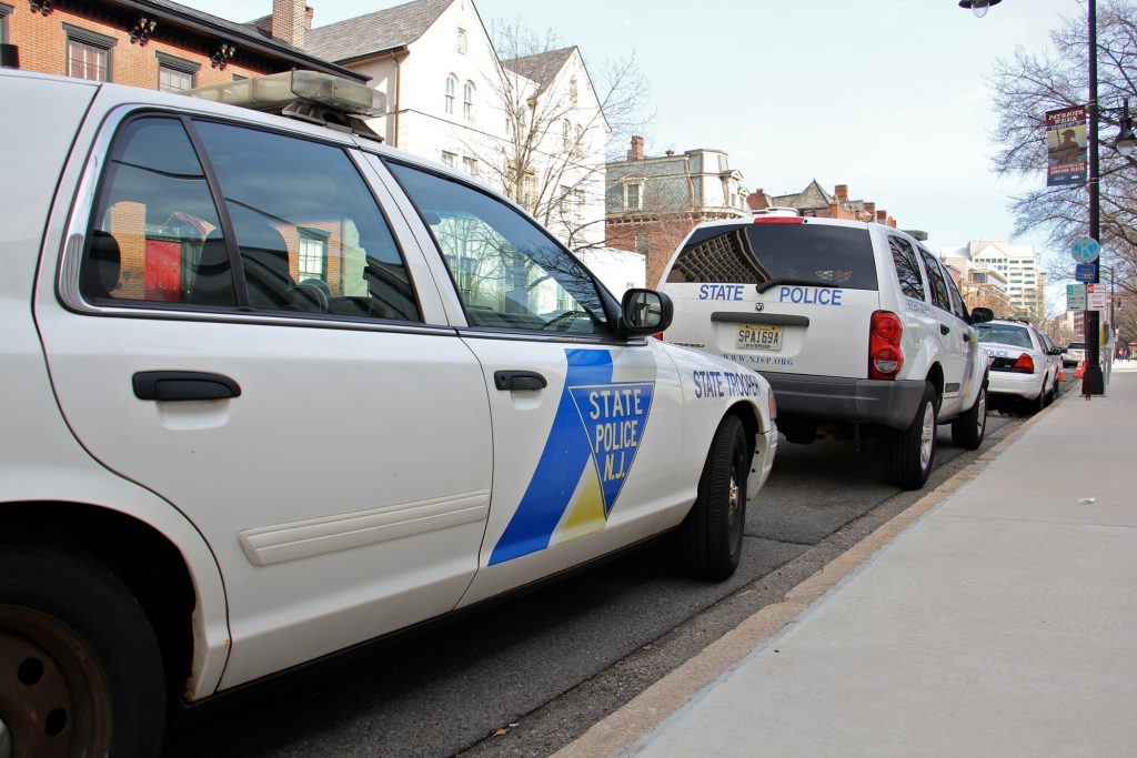 2019 02 14-e lee-trenton state police New Jersey State Police cars parked on West State Street, Trenton, outside the capitol complex. (Emma Lee/WHYY)